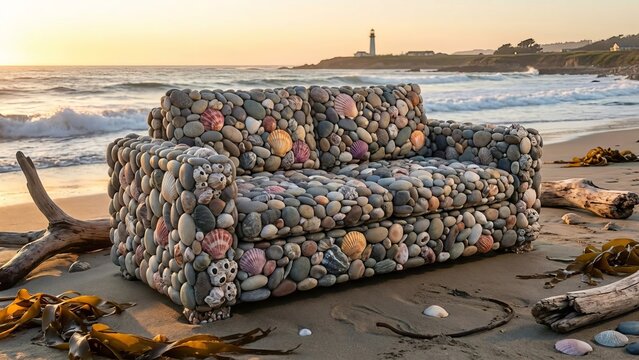 Surreal sofa made from natural ocean pebbles and seashells sitting on a sandy beach during sunset, with ocean waves and a distant lighthouse creating a dreamlike, conceptual scene