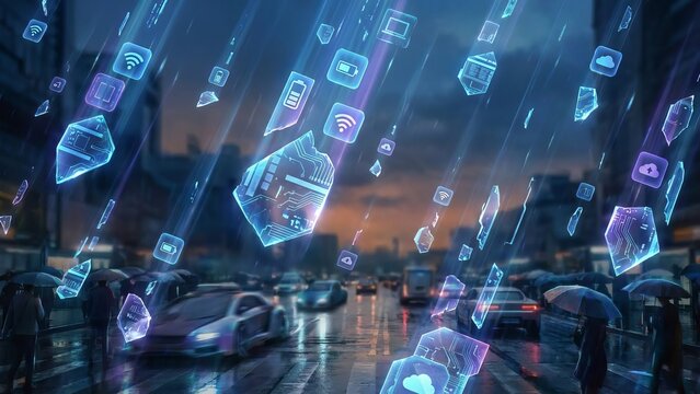 People are walking down a wet city street, holding glowing umbrellas as digital icons and screens fall through the air, creating a futuristic scene of technology and information overload