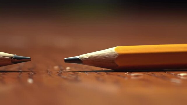 A sharpened yellow pencil with wood shavings on a brown wood surface, close-up with shallow depth of field