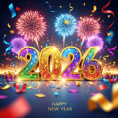 Happy new year 2026 celebration with colorful firework display