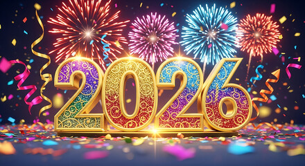 Glittery 2026 numbers with colorful fireworks and confetti celebration