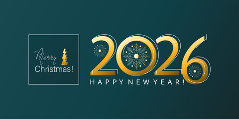 Merry Christmas. Postcard. Happy New Year. Dark green background with gold numbers 2026. 