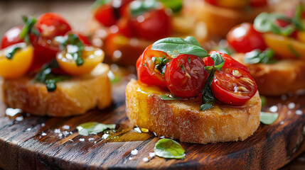 mini bruschetta topped with cherry tomatoes, fresh basil, olive oil drizzle, crispy toasted baguette base, arranged neatly on rustic wooden board