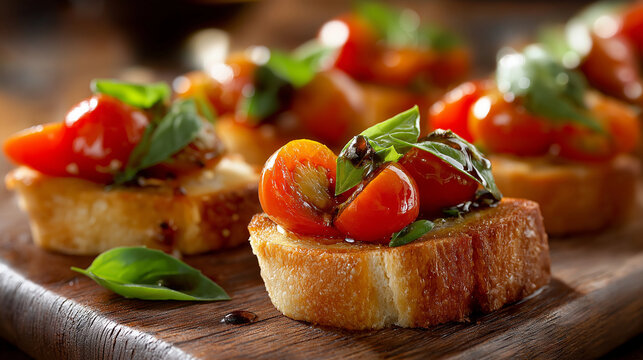 mini bruschetta topped with cherry tomatoes, fresh basil, olive oil drizzle, crispy toasted baguette base, arranged neatly on rustic wooden board - Powered by Adobe