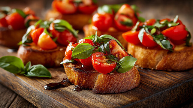 mini bruschetta topped with cherry tomatoes, fresh basil, olive oil drizzle, crispy toasted baguette base, arranged neatly on rustic wooden board - Powered by Adobe