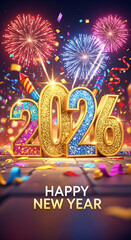 Glittery 2026 new year celebration with fireworks and confetti