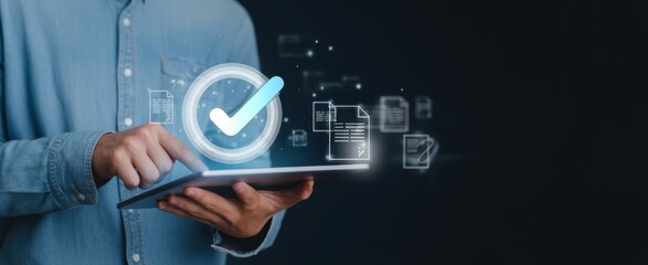 Digital Approval: A close-up view shows a person interacting with a digital interface, a glowing checkmark, symbolizing successful validation and approval process.