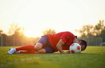 Injured soccer player lies on green grass field. Holds knee near white orange ball. Athlete suffers pain after sport game intense training. Male player feels upset about physical injury. Golden