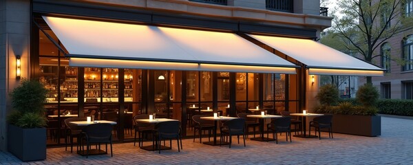 Fototapeta premium Modern city cafe terrace with sleek retractable awnings, warm LED lights. Outdoor seating arranged on cobblestone street pavement. Inside, well-stocked bar with liquor bottles visible. Inviting