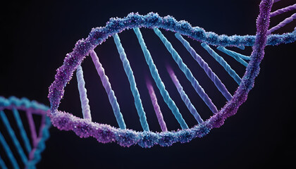 3D illustration of purple DNA double helix structure on dark background, genetics and medical research concept.