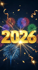 Golden 2026 text with colorful fireworks and confetti celebration