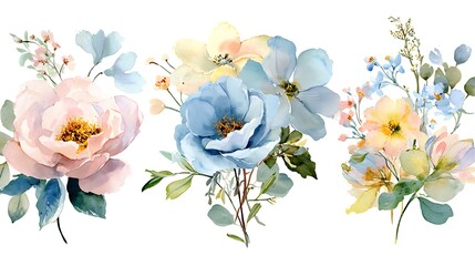 Delicate watercolor floral arrangements featuring soft pink blue and yellow hues on a white background