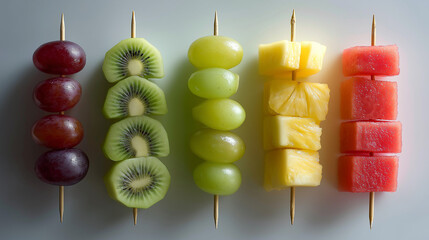 Fototapeta premium mini fruit skewers with grapes, kiwi, pineapple, watermelon cubes arranged in colorful gradients