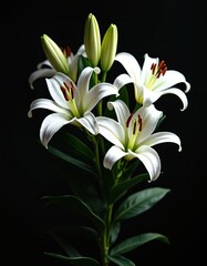 Obraz premium White lily flowers bloom with green leaves on deep black background. Fresh bright lilies, unopened buds stand tall. Elegant floral bouquet purity, natural beauty against dark backdrop. Delicate