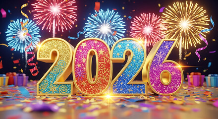 Glittery 2026 numbers with colorful fireworks celebration