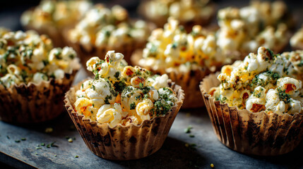 mini popcorn cups with buttery herb seasoning, served in paper cups