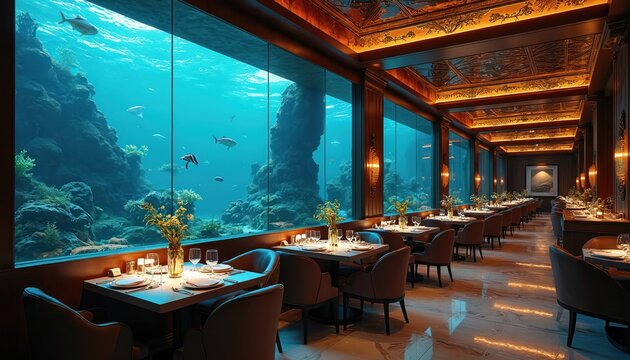 Luxury underwater restaurant interior stunning aquarium walls. Bright exotic fish swim among vivid coral reefs, rock formations. Elegant dining tables with chairs set for future guests. Unique marine