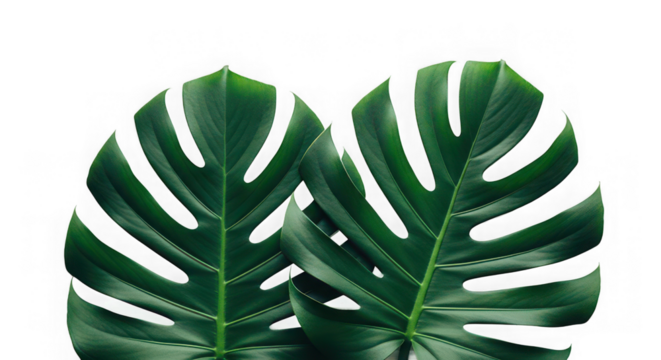 Two vibrant green monstera deliciosa leaves isolated on transparent background - Powered by Adobe