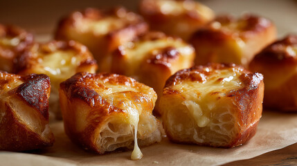soft mini cheese garlic bread bites, melted cheese pulls, shiny butter glaze, arranged casually on parchment