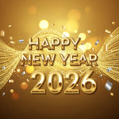 Happy new year 2026 golden text with confetti and glitter background