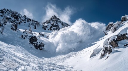 Fototapeta premium Snow tumbles from steep mountain peaks as an avalanche occurs in bright sunlight against a blue sky.