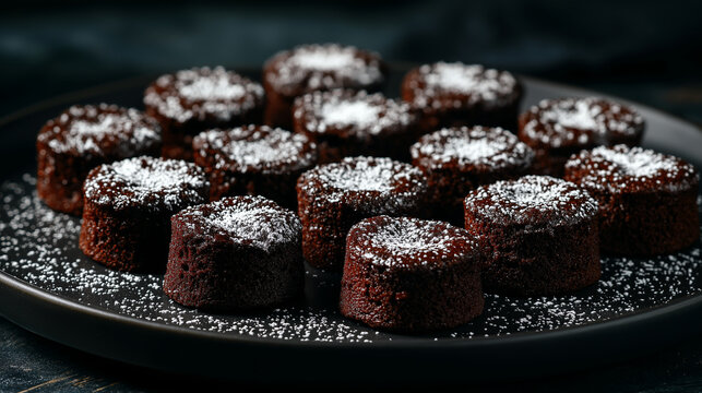 tiny fudgy brownie bites with glossy top, sprinkled with powdered sugar, arranged in neat rows on dark matte plate