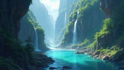 Fototapeta premium Vibrant turquoise river flows through grand deep canyon. Towering rocky cliffs covered with green trees feature multiple waterfalls. Misty mountains rise high in background. Serene untouched fantasy
