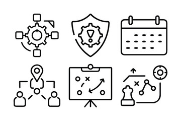 Business strategy planning and teamwork outlined vector set