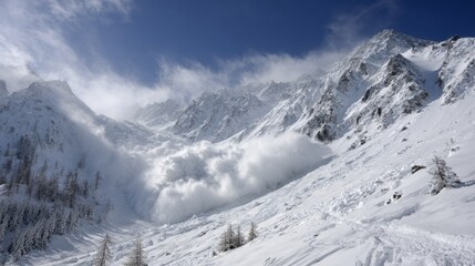 Obraz premium A powerful avalanche surges down a steep mountain sending clouds of snow into the air while surrounded by towering peaks.