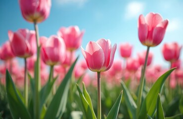 Pink tulips bloom in field under clear blue sky. Spring flowers show new life, growth. Close up of bright pink tulip stands out. Many vibrant blossoms create beautiful garden scene, fresh season,
