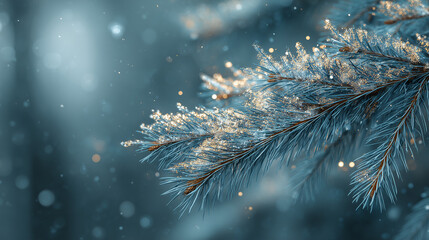 Zbliżenie na ośnieżony świerk w niebiesko-złotej kolorystyce