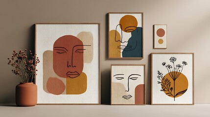 Abstract mid century modern face art collection featuring earth tones and geometric shapes