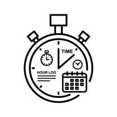 Black and white line icon representing time tracking, hour log, schedule, and stopwatch