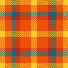 Vibrant seamless tartan pattern in bold, warm hues. Ideal for textiles, backgrounds,  fashion. Evokes tradition, style,  cozy vibes. Great for designs needing a rustic touch.