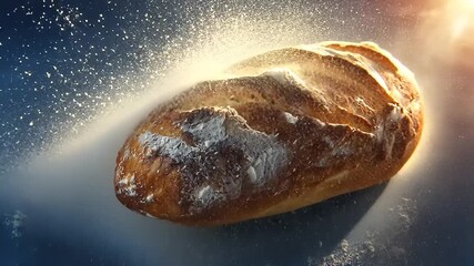 Golden loaf of bread with flour falling gently, a warm inviting close-up for food lovers and artisan baking enthusiasts video perfect for cooking tutorials