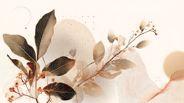 Delicate botanical illustration with earthy tones and subtle geometric patterns - Powered by Adobe