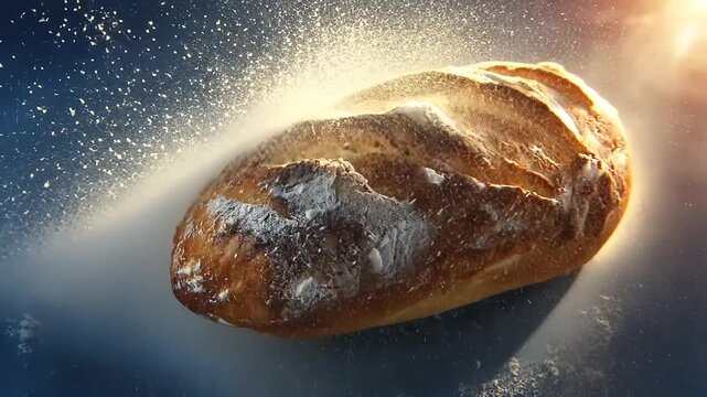 Golden loaf of bread with flour falling gently, a warm inviting close-up for food lovers and artisan baking enthusiasts video perfect for cooking tutorials