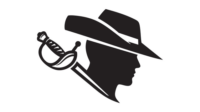 Silhouette icon of a historical swashbuckler or cavalier profile with a wide-brimmed hat and a sabre sword