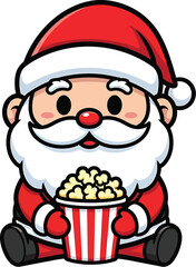 Cute cartoon santa claus sitting and holding popcorn bucket