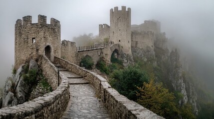 Obraz premium Mysterious castles rise from rocky cliffs in thick fog creating an enchanting autumn scene.