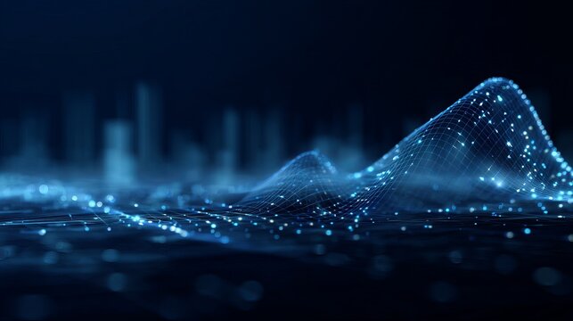 Futuristic blue network with glowing lights connecting abstract city, ideal for technology, communication, or modern business presentations