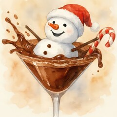 A cheerful snowman in a Santa hat enjoys splashing in a chocolate martini, complemented by a candy cane and cinnamon sticks, in this festive watercolor scene