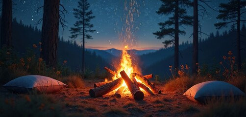 Cozy campfire burns brightly with sparks in dark forest. Wooden logs glow with warmth on ground. Pillows sit near fire for comfortable rest. Tall pine trees stand under clear starry night sky.
