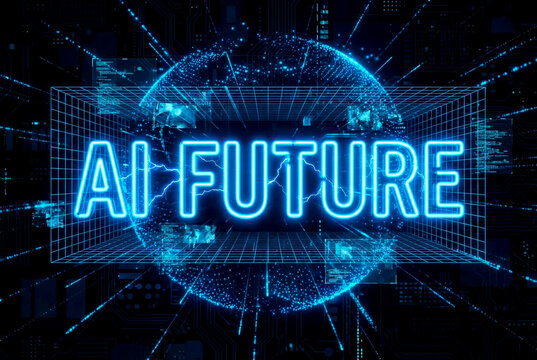 AI Future: The neon text AI Future shines brightly at the image center, surrounded by a complex network of digital data streams. - Powered by Adobe