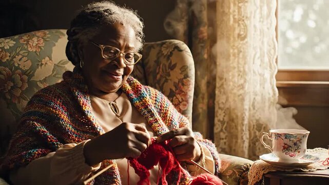 Serene elderly woman finding joy in her knitting hobby, relaxing in a sunlit room with a warm drink