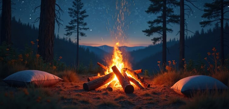 Cozy campfire burns brightly with sparks in dark forest. Wooden logs glow with warmth on ground. Pillows sit near fire for comfortable rest. Tall pine trees stand under clear starry night sky.