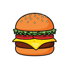 Cartoon hamburger with cheese, lettuce, and tomato