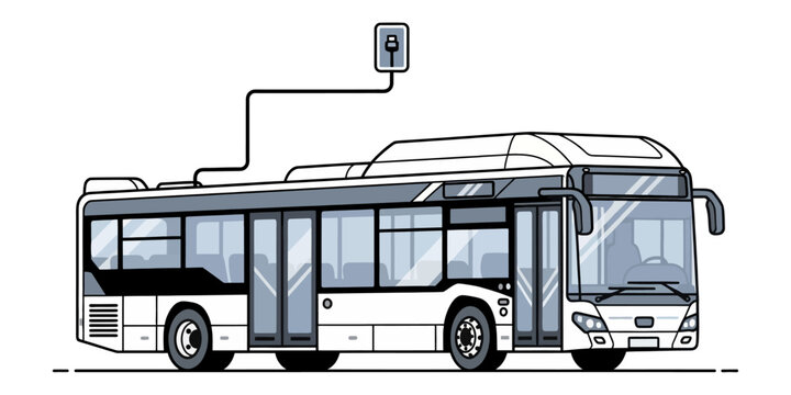 Modern vector illustration of a white electric bus or commuter trolleybus (e-bus), charging via pantograph at a charging station.