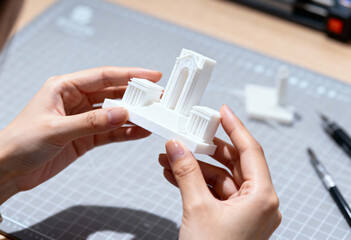 Close-up of hands holding a 3D printed architectural model. Architect examining a detailed white plastic prototype in a workshop
