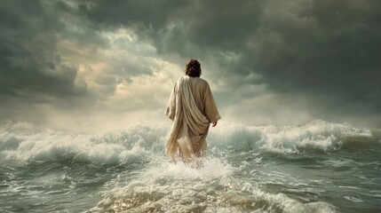 Fototapeta premium A peaceful figure strides across turbulent waters surrounded by dramatic clouds and waves.